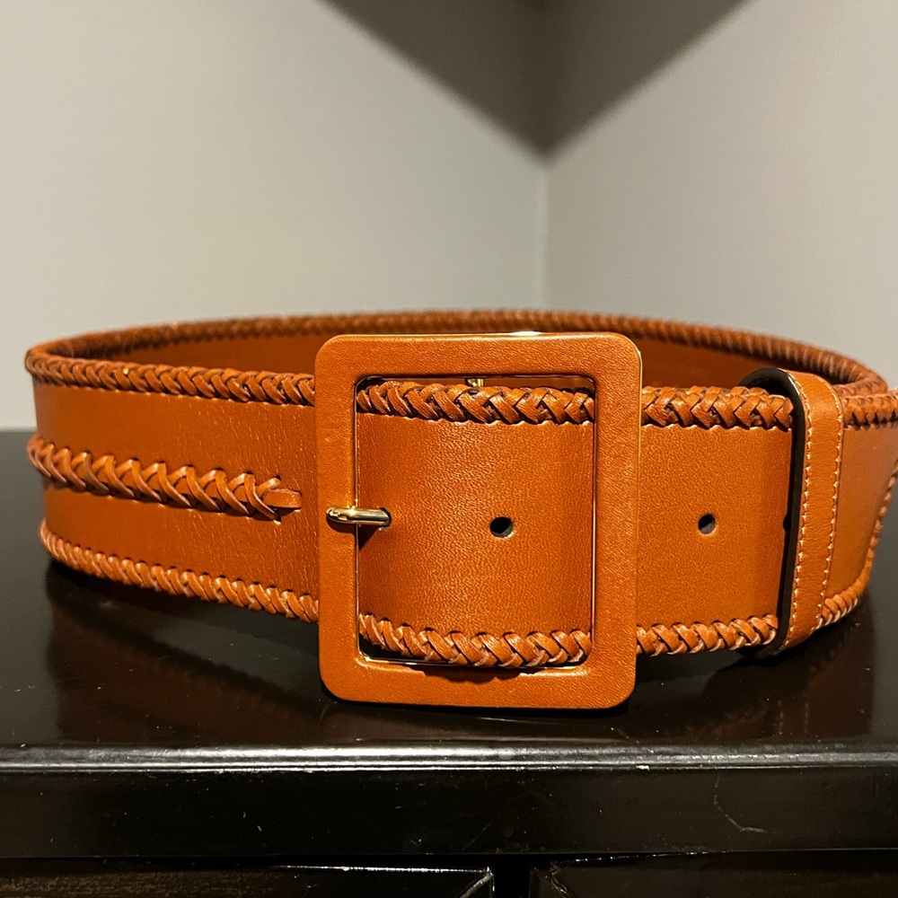Ralph Lauren Tan Braided Leather Belt with Square Buckle